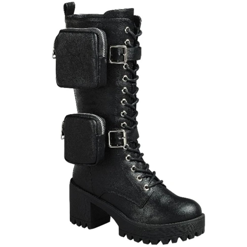 New Black Pouch Lace Up Long Combat Military Boots